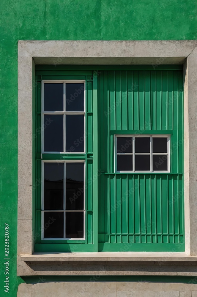 Fototapeta premium Portrait of green window on green wall background 