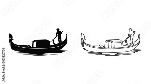 Schilderij op canvas Gondola silhouette with gondolier side and front view on white background