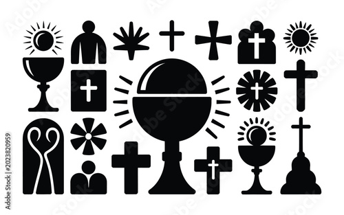 Schilderij op canvas Modern corpus christi silhouette icon set featuring religious symbols and crosse