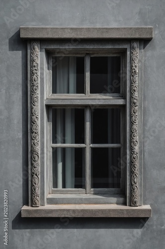 Portrait of gray window on gray wall background 