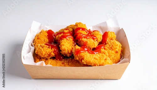 Realistic chicken tenders in takeaway box with hot sauce, empty background