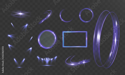 Purple neon light effects collection with glowing rings, futuristic frames, spotlight beams, sci-fi halos, abstract luminous overlays isolated on transparent background
