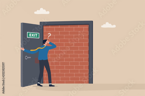 Business dead end, no way to exit or big mistake and wrong decision, obstacle and difficulty to overcome concept, businessman open exit door and found brick wall blocking the way