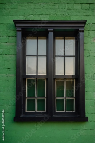 Portrait of black window on green wall background 