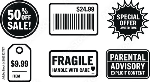 Bild auf Leinwand black and white sale price barcode fragile and parental advisory labels vector a
