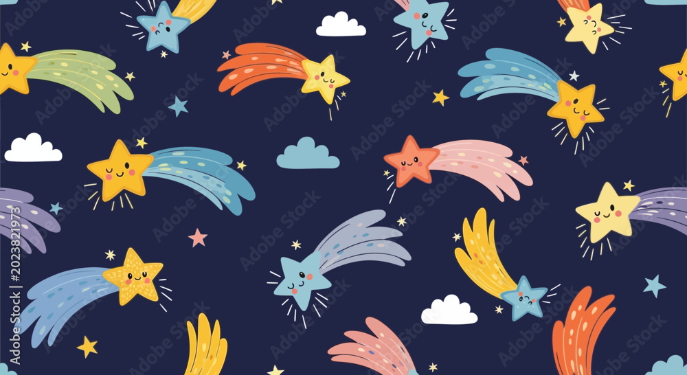 Fototapeta premium Cute Shooting Stars Seamless Pattern, Kids Background, Cartoon Celestial Elements
