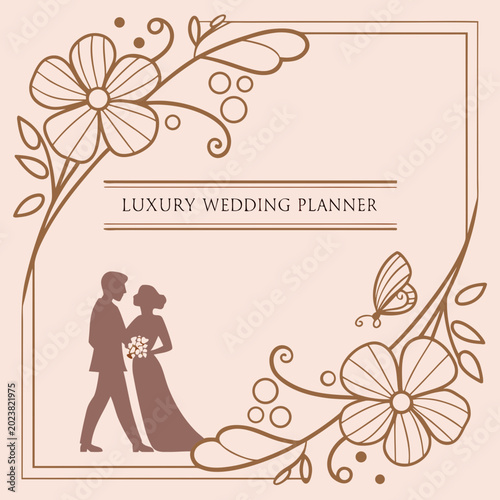 Tablou pe pânză Luxury wedding planner service card design with bride and groom silhouette
