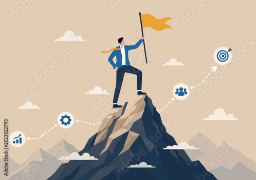 Leadership to reach business goal, career achievement or company best performance worker winner concept, ambitious businessman leader holding winner flag standing pride on top of mountain peak