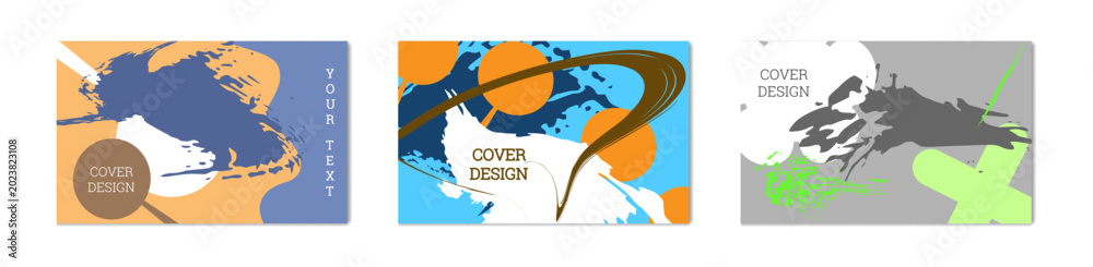 Naklejka premium Paint strokes and geometric elements. Set of 3 multi-colored backgrounds. Notebook or notebook cover design. Unusual creative background.