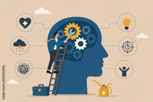 Brain maintenance, fixing emotional and mental problem, boost creativity and thinking process or improve motivation concept, man climb up ladder to fix and lubricate gear cogs on his brain head