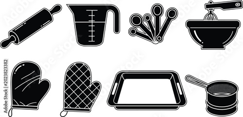 Tableau sur toile Baking and Kitchen Icon Set with Rolling Pin, Measuring Cup, Measuring Spoons, M