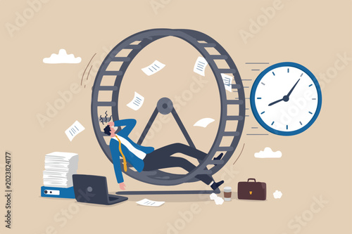 Exhausted and fatigue from routine job, tried or burnout from overworked, time management problem concept, exhausted tried businessman lay down in hamster rat race with time running clock
