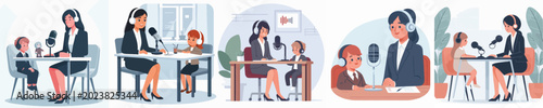 Foto a vector set of female secretaries doing a podcast with a small child