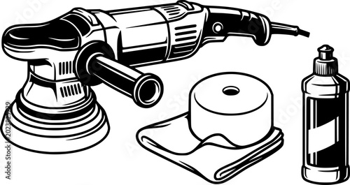 Vector illustration of car polishing tools, polisher, pad, black and white clipart elements
