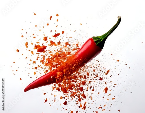 A red chili pepper bursting with chili flakes against a white background