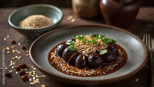 Traditional Mexican Mole Gourmet Dish Served in Rustic Dark Food Photography Style