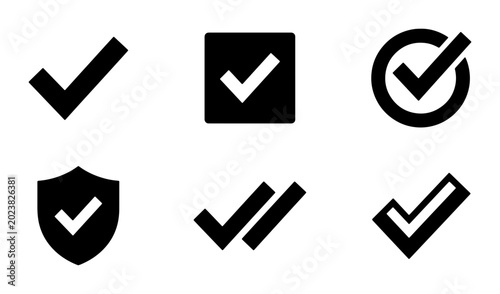 фотографія Set of 6 Black Check Mark Icons, Vector Graphics for Approval, Success, Confirma
