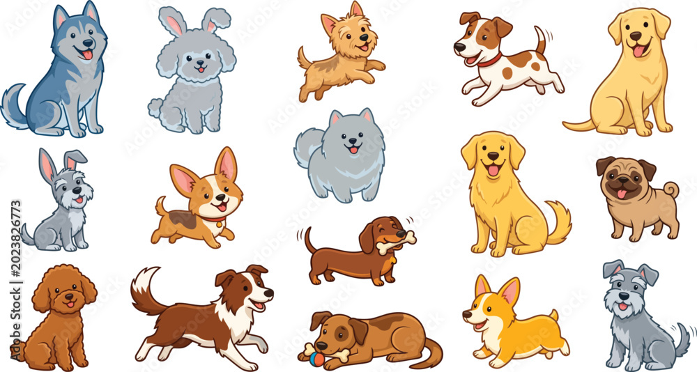 Fototapeta premium Cute Dog Breed Character Set - Various Puppies in Playful Poses