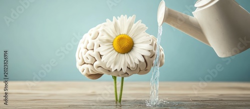 A human brain growing from a flower being watered by a can.