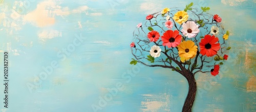 A vibrant tree with colorful flowers blooms in a serene self-care environment.