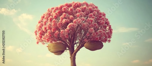 A tree with flowers and brain-like structures represents self-care and mental health in a serene environment.