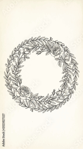 Vintage Botanical Wreath Illustration with Roses and Berries.