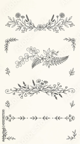 Hand-drawn floral and leaf decorative elements for design.