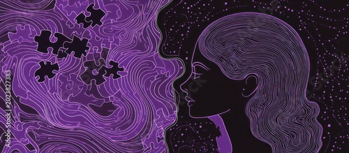 Human head profile merges with jigsaw puzzle pieces in cognitive psycho scene