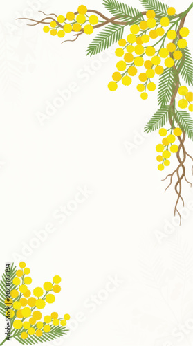 Watercolor Painting of Mimosa Flowers with Green Leaves.