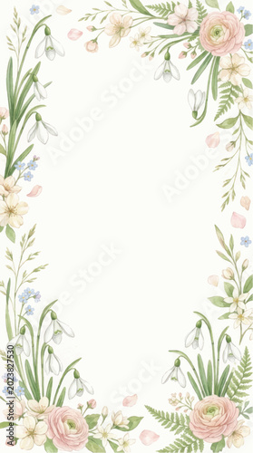 Elegant Floral Border with Spring Flowers and Greenery.