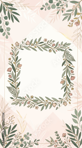 Elegant Floral Wreath Frame with Botanical Elements on Pastel Background.