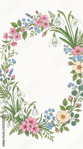 Oval floral wreath with delicate spring flowers and greenery.