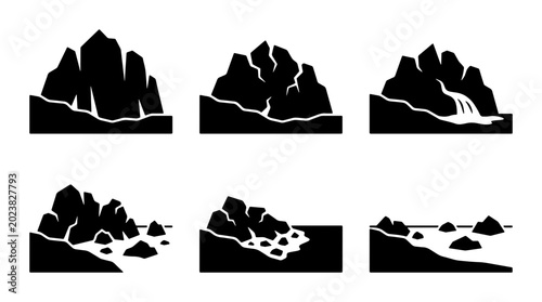 Foto Rocky Coastline Icons, Mountain Landscape Silhouettes, Coastal Scenery Vector Se