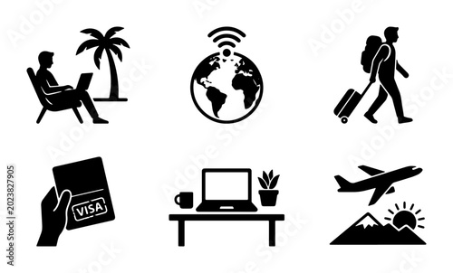 Digital Nomad Icons: Remote Work, Travel, Connectivity, and Lifestyle Vector Set