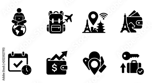 Travel Icons Set: Global Exploration, Vacation Planning, Financial Management, and Destination Discovery Icons