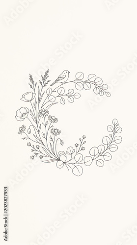 Elegant Floral Letter C Monogram Hand Drawn Sketch.