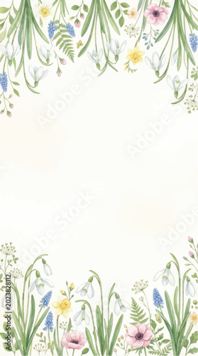 Delicate Watercolor Spring Floral Border with Daffodils and Poppies.
