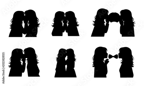 Cuadro en lienzo Silhouette Icons: Romantic Kissing Couples, Affectionate Moments, Love Symbols,