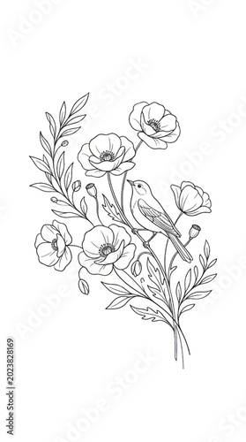 Elegant Line Art Illustration of a Bird Perched on Poppies.