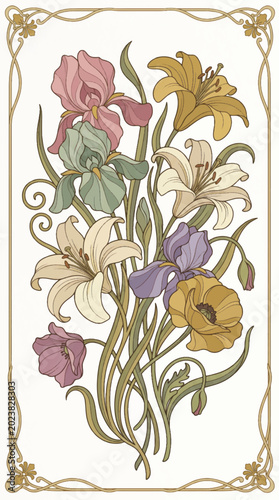 Art Nouveau Floral Illustration with Irises and Lilies.