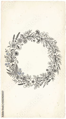 Vintage Botanical Floral Wreath Illustration.