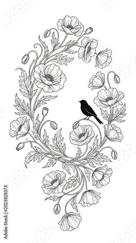 Elegant Black and White Floral Wreath with a Small Bird Illustration.