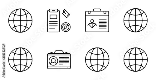 Konstfotografi Global Business Icons Set: World Globes, ID Badges, Briefcase, Compass, Document
