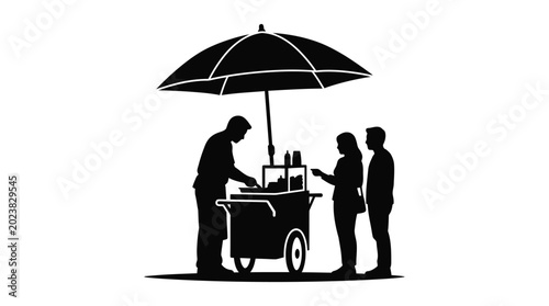 Fotografie Silhouette of people ordering food from a street vendor with umbrella