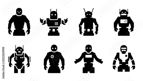 Robot Icons Set, Futuristic Android Characters, Sci-Fi Cyborg Silhouettes, Artificial Intelligence Figures