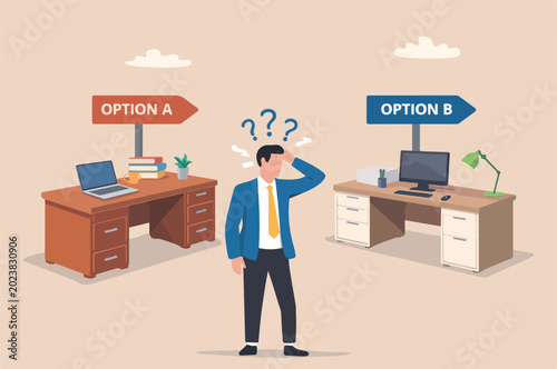 Tableau sur toile Indecisive manager cannot make decision choosing choices alternative frustrated to decide, worried about which way to choose concept, indecisive Big Desk businessman deciding way to go