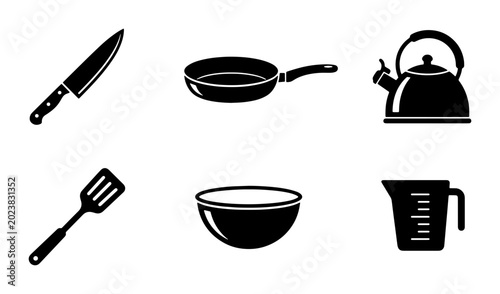 Foto Kitchen Utensils Vector Icons: Chef Knife, Frying Pan, Kettle, Spatula, Bowl, Me