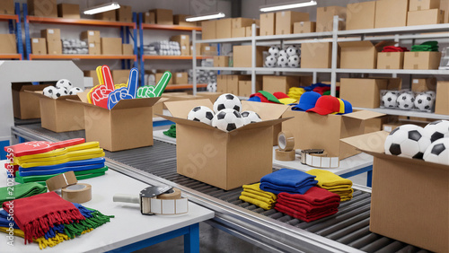 Football merchandise packing warehouse with conveyor belt, soccer balls, scarves, foam fingers and cardboard boxes for sports ecommerce fulfillment and fan gear distribution
