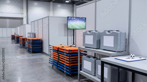 Sports event logistics storage area with folded stretchers, medical equipment cases, clipboard and football keychain for stadium operations, emergency planning and venue management