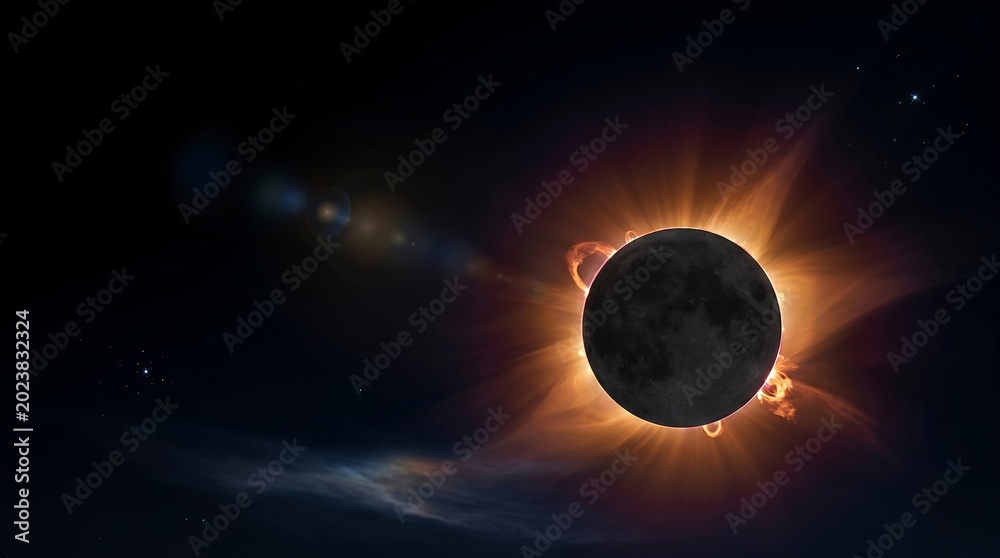 Naklejka premium Total solar eclipse with lens flare in deep dark space